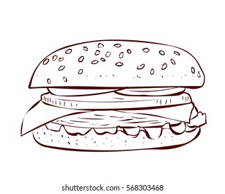 Hamburger, classic burger. Hand drawn vector illustration.