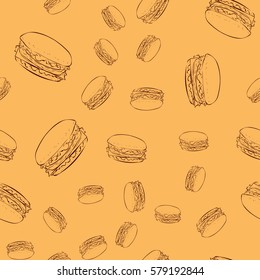 Hamburger, classic burger seamless pattern. Hand drawn.