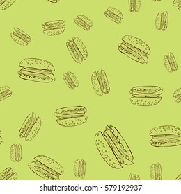 Hamburger, classic burger seamless pattern. Hand drawn.