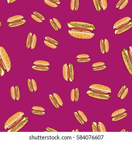 Hamburger, classic burger seamless pattern. Hand drawn.