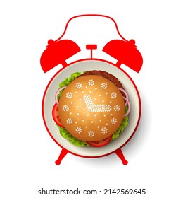 Hamburger with clock face made from sesame seeds on bun, with grilled beef, tomato, onion and lettuce on white plate, and silhouette of alarm clock on background. Time for lunch, snack break