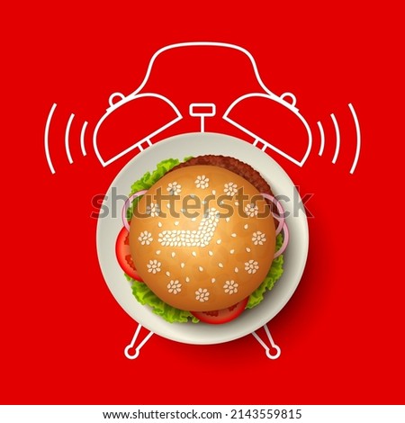 Hamburger with clock face made from sesame seeds on bun, with grilled beef, tomato, onion and lettuce on white plate, and silhouette of alarm clock on background. Time for lunch, snack break