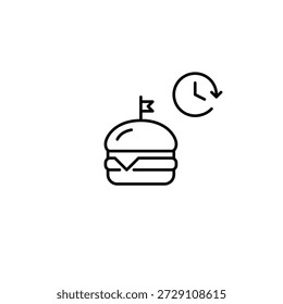 Hamburguesa y reloj. Entrega de comida, órdenes de menú cronometradas. Icono de Vector de trazo perfecto y editable