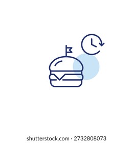 Hamburguesa y reloj. Entrega de comida, pedidos de menú cronometrados. Icono de Vector de trazo perfecto y editable