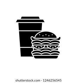 Hamburger and coffee black icon, vector sign on isolated background. Hamburger and coffee concept symbol, illustration 