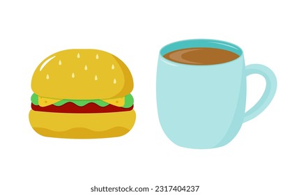 Hamburger and coffee mug. Vector illustration in a flat style. Isolated on white background.	
