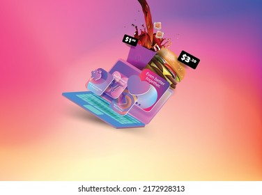 Hamburger and coffee on the laptop screen. 3d illustration