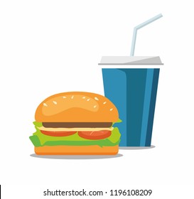 Hamburger and a coke soda pop cheeseburger. Fast food on white. Vector 