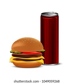 Hamburger and cola on white background, Delicious food, Fast food