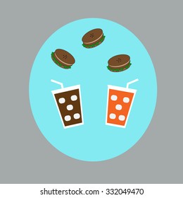 hamburger with cola and orange juice
