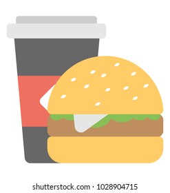 
Hamburger with cold drink, flat icon
