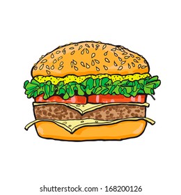 Hamburger. Color Sketch. Vector illustration.