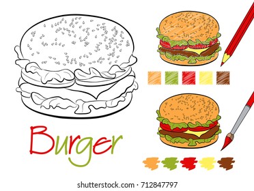 Hamburger coloring page for the book with examples of coloring with a pencil and paints. Hand drawn style. Five color samples. Vector illustration