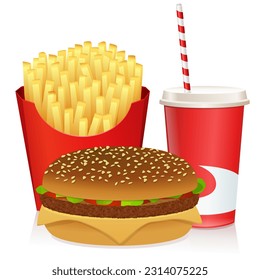 Hamburger containing salad, pieces of tomato, minced steak with cheese with a glass of red and white soda with its straw and a portion of French fries from a fast food menu