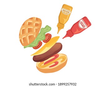 Zutaten für die Hamburger Kochherstellung Fast-Food-Flavektor-Vektorgrafik auf weißem Hintergrund