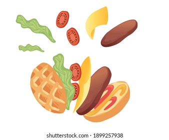 Hamburger cooking assemble ingredients fast food flat vector illustration on white background