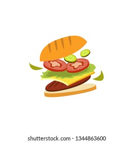 Hamburger cooking. Set of ingredients for burger . Sliced veggies, bun, and  sauce. Vector illustration cartoon flat icon collection isolated on white. 