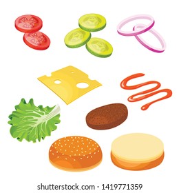 Hamburger cooking. Set of ingredients for a burger. Sliced veggies, bun, cutlet, sauce. Vector illustration, isolated on white background. 