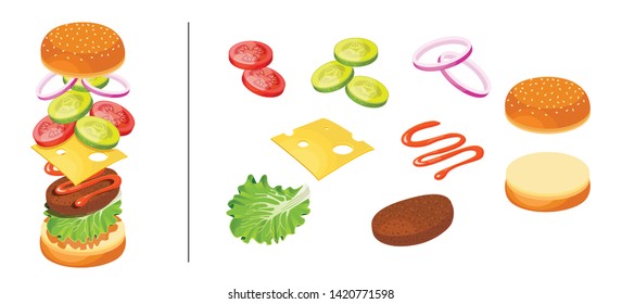 Hamburger cooking. Set of ingredients for a burger. Sliced veggies, bun, cutlet, sauce. Vector illustration, isolated on white background. 