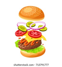 Hamburger cooking. Set of ingredients for burger . Sliced veggies, bun, cutlet, sauce. Vector illustration cartoon flat icon collection isolated on white.