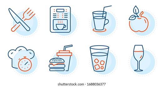 Hamburger, Cooking timer and Wineglass signs. Food, Eco food and Coffee maker line icons set. Cocktail, Ice tea symbols. Cutlery, Organic tested. Food and drink set. Outline icons set. Vector