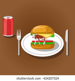 Hamburger with cow on plate and soda can. Color flat vector illustration