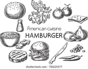 Hamburger. Creative conceptual vector. Sketch hand drawn American food recipe illustration, engraving, ink, line art, vector.