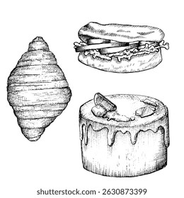 Hambúrguer, croissant e bolo, gráficos vetoriais, conjunto, esboço desenhado à mão. Gráficos em preto-e-branco