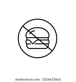 Cartel de Hamburguesa cruzada. No se permite comer, las restricciones dietéticas o evitar la comida rápida. Icono de trazo perfecto y editable del píxel