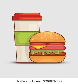 A hamburger and a cup of coffee are next to each other