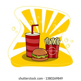 Hamburger with cup of soda and French fries vector.Fast food.