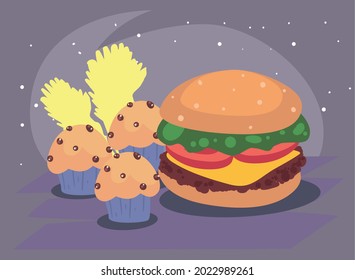 hamburger and cupcake delicious food
