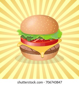 Hamburger - cute cartoon colored picture. Graphic design elements for menu, packaging, advertising, poster, brochure. Vector illustration of fast food for bistro, snackbar, cafe or restaurant