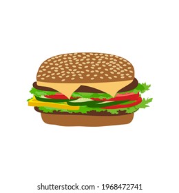 Hamburguesa con chuleta, queso, pepinos, tomates y lechuga.