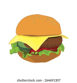 Hamburger with cutlet, cheese and pickles. vector