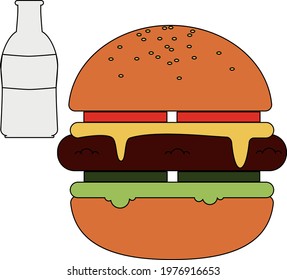Hamburger with cutlet, cheese, tomatoes, cucumbers and herbs sprinkled with sesame seeds and a bottle of drink Vekton graphic with black outline