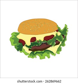 Hamburger with cutlet and cheese. Vector