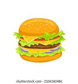 hamburger with cutlet, lettuce, tomato, cheese, vector illustration