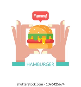Hamburger. Delicious fast food. Cutlet with vegetables in a bun with sesame seeds. Hand holding a hamburger. Yummy. Vector illustration in flat style.