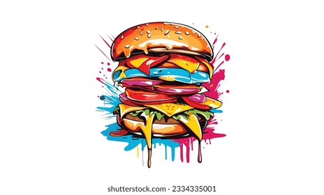 Hamburger with delicious meat, cute, action shot, vibrant color, punk, high detail, white background