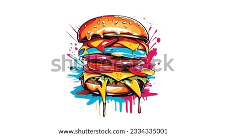 Hamburger with delicious meat, cute, action shot, vibrant color, punk, high detail, white background
