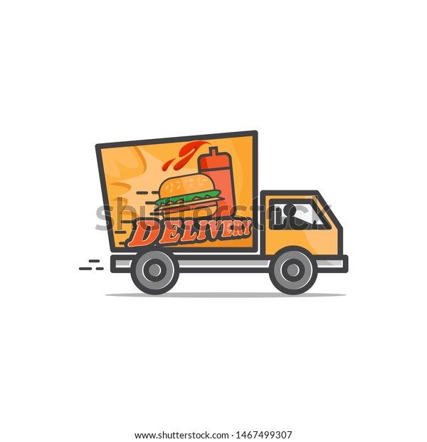 hamburger delivery\
truck logo vector icon ilustration, Fast food products - hamburger\
truck and sauce\
ilustration