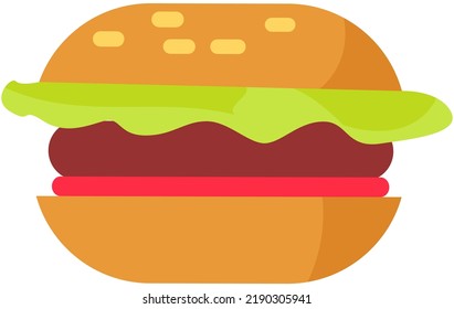 Hamburger for design fast food menu. Cheeseburger with salad, beef and sauce. Tasty filling meal snack, junk food. Fastfood, traditional American cuisine meal. Takeaway burger vector illustration