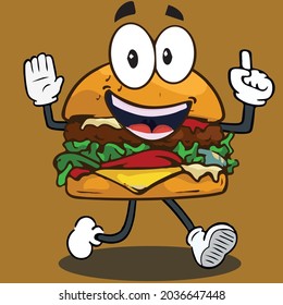 hamburger design on yellow background smiling pointing up.