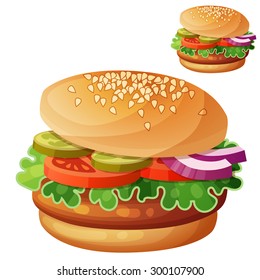 Hamburger. Detailed vector icon isolated on white background. Series of food and drink and ingredients for cooking.