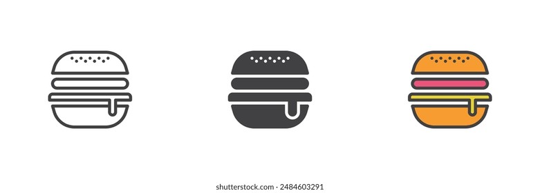Hamburger different style icon set. Line, glyph and filled outline colorful version, outline and filled vector sign. Burger symbol, logo illustration. Vector graphics