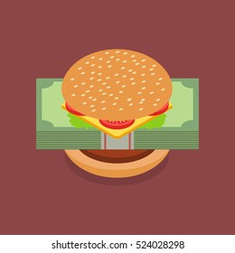 Hamburger with dollar banknotes. Hamburger crisis