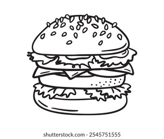 Ícone de doodle hamburger, sinal de mão desenhada hambúrguer. Contorno de hambúrguer, linha de hambúrguer. Ilustração vetorial