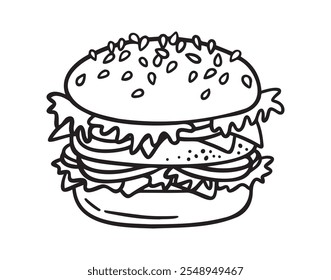 Ícone de doodle hamburger, sinal de mão desenhada hambúrguer. Contorno de hambúrguer, linha de hambúrguer. Ilustração vetorial