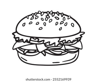 Hamburger doodle icon, burger hand drawn sign. Outline hamburger, burger line. Vector illustration